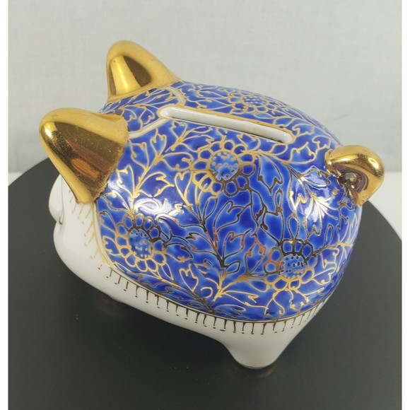 Vintage Ceramic Hand Painted Blue Gold Piggy Bank Marked JM Made In Thailand EUC - Picture 8 of 16